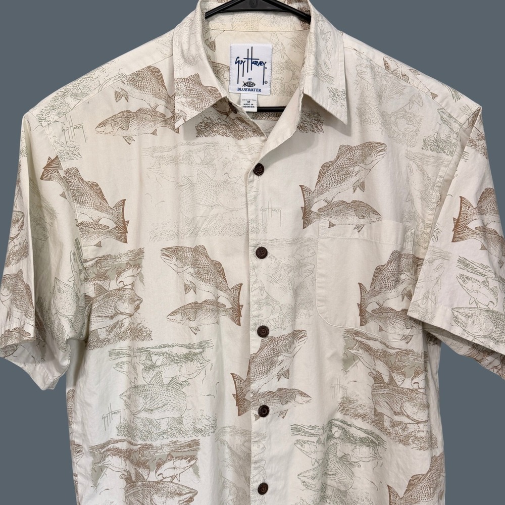 Guy Harvey AFTCO Bluewater Mens Medium Fish Print Button Down Shirt Cotton Cream